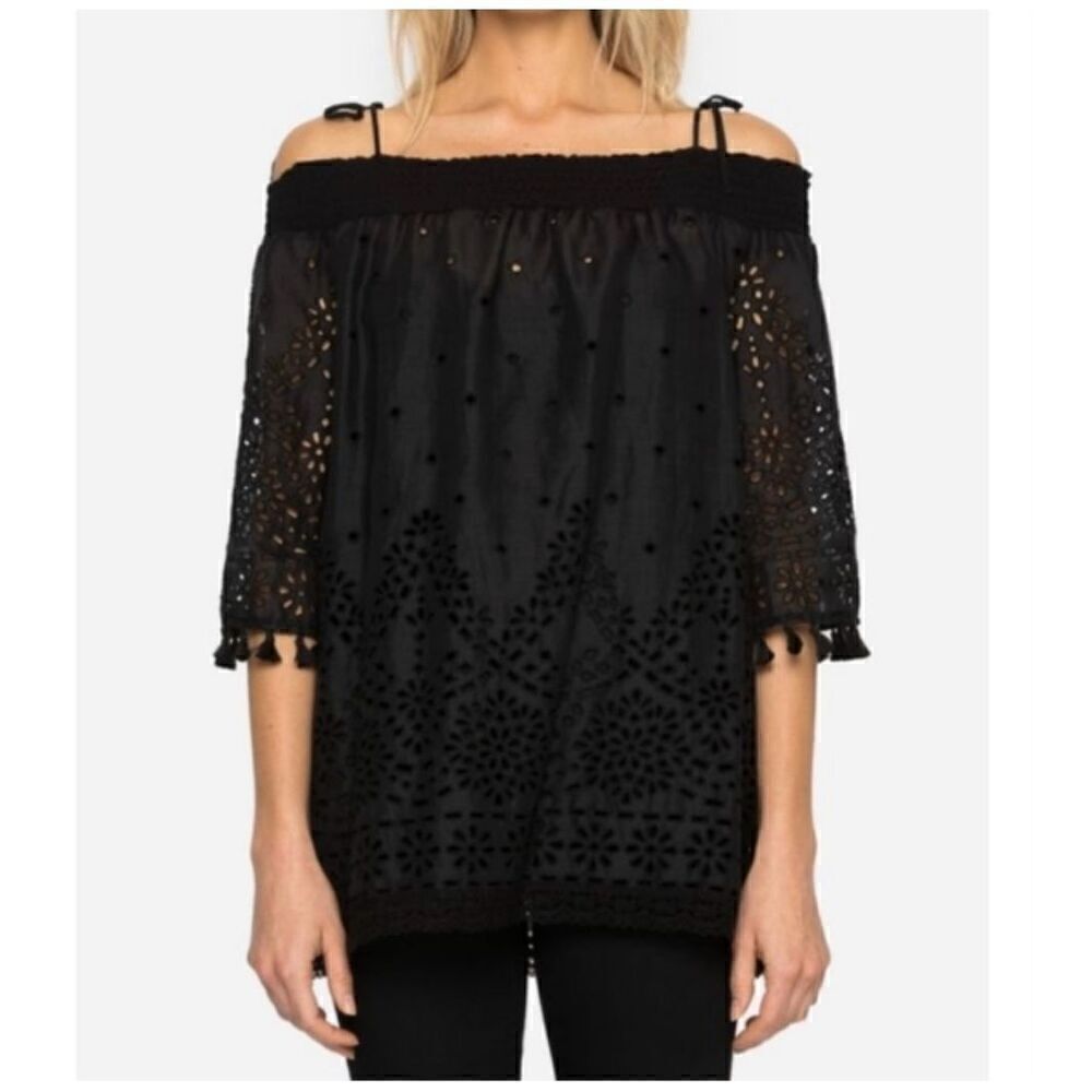 Johnny Was Women’s Hailey Smocked Off the Shoulder Neckline Ramie Blouse Eyelet - Picture 9 of 9